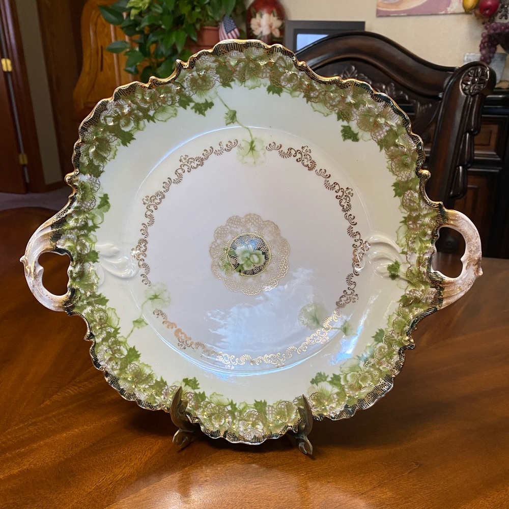 Vtg. R.C. Monbijou Bavaria Plate 12" X 11" White With Green Floral Gold Trim